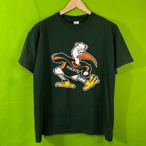 Large Vintage Miami Hurricanes Sebastian the Ibis T-Shirt Delta Green Mens